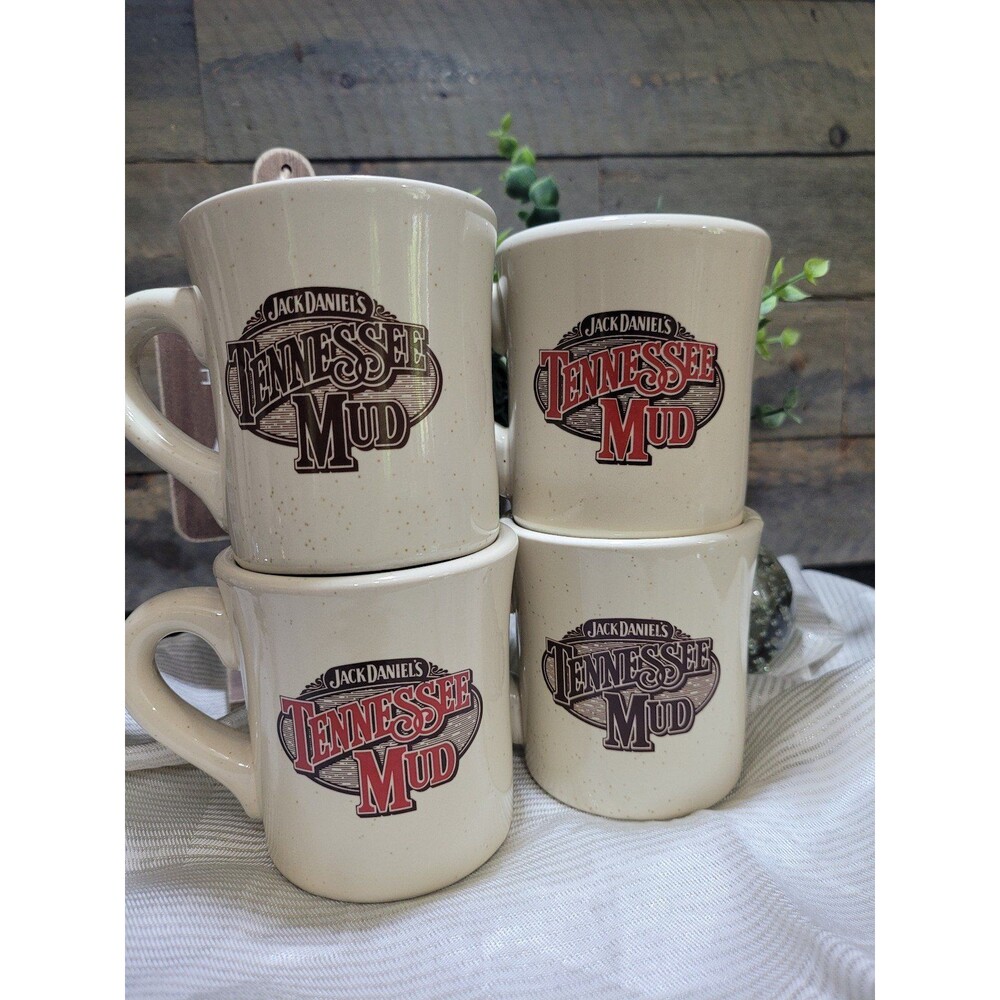 Set Of (4) Jack Daniels Tennessee Mud Stoneware 6 Oz. Coffee Mugs/Cups
